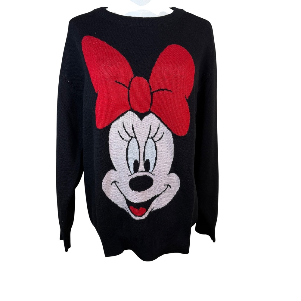 Disney Minnie Mouse Black Knit Graphic Pullover Sweater Red Bow 7MME7A1971NV S